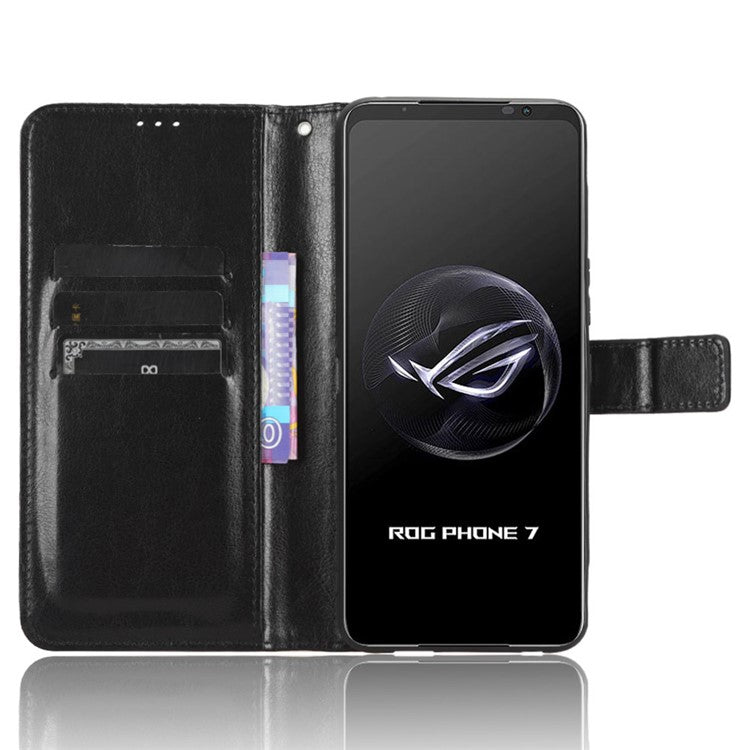Stand Case for Asus ROG Phone 7 5G Scratch Proof Crazy Horse Texture Wallet PU Leather Phone Cover - Black