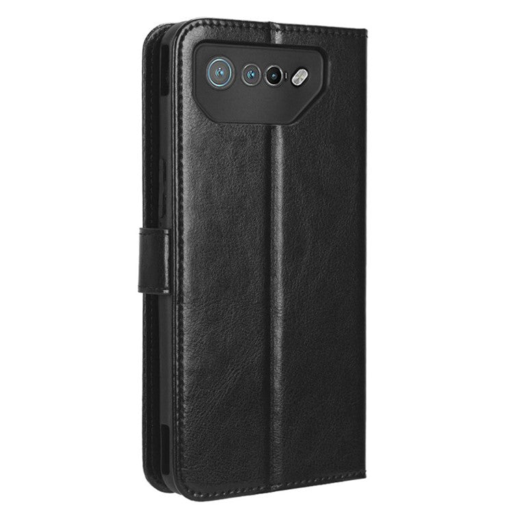 Stand Case for Asus ROG Phone 7 5G Scratch Proof Crazy Horse Texture Wallet PU Leather Phone Cover - Black