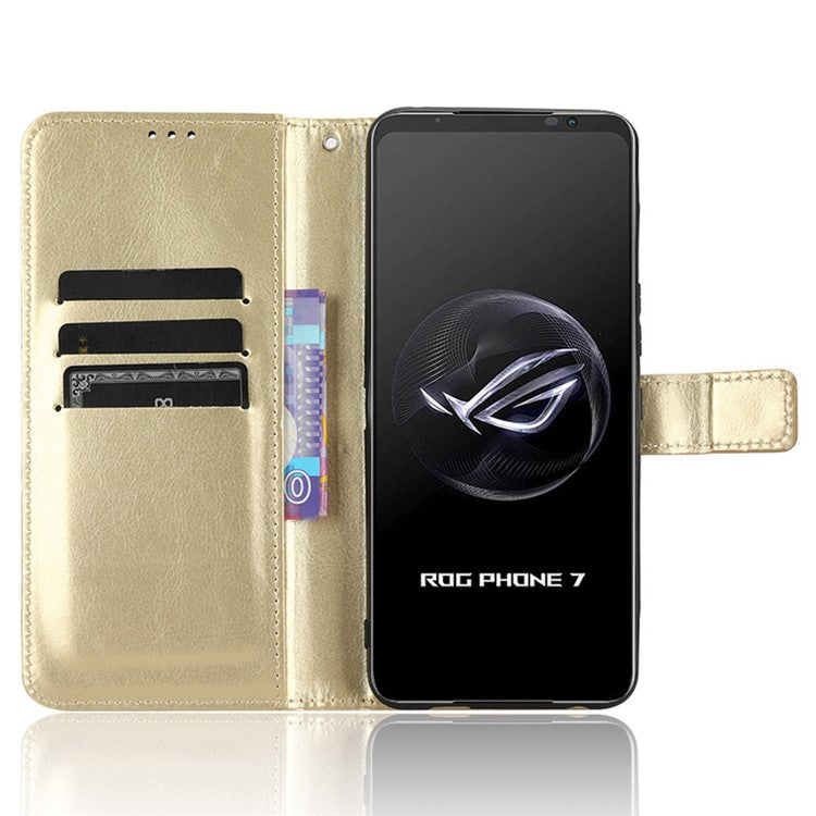 Stand Case for Asus ROG Phone 7 5G Scratch Proof Crazy Horse Texture Wallet PU Leather Phone Cover - Gold