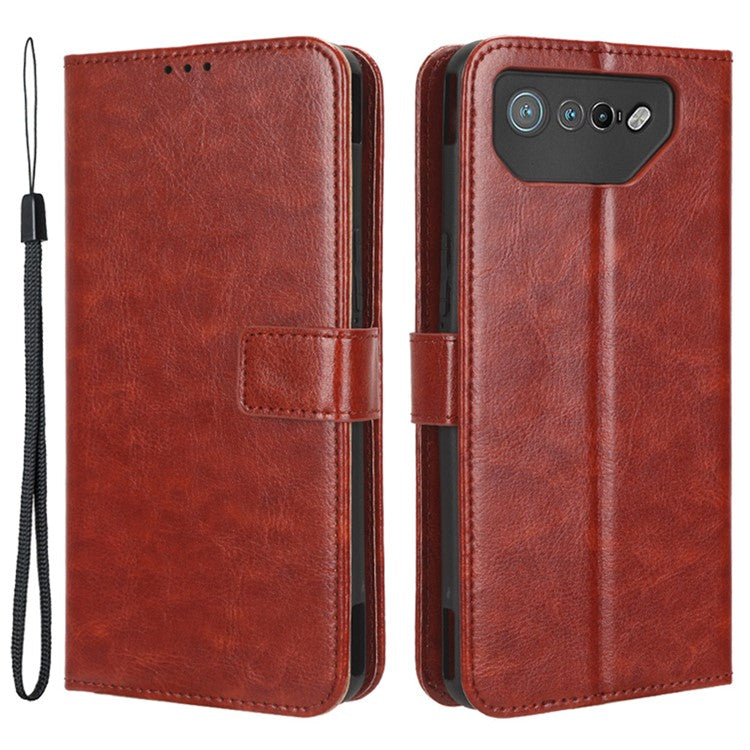 Stand Case for Asus ROG Phone 7 5G Scratch Proof Crazy Horse Texture Wallet PU Leather Phone Cover - Brown