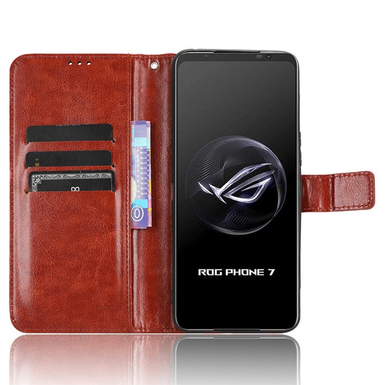 Stand Case for Asus ROG Phone 7 5G Scratch Proof Crazy Horse Texture Wallet PU Leather Phone Cover - Brown