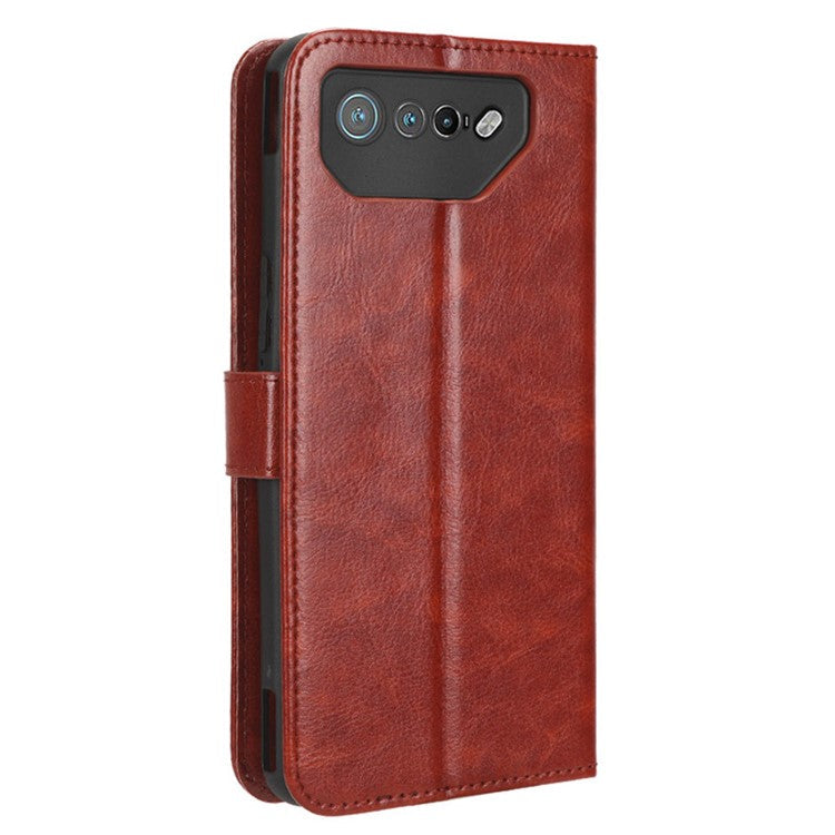 Stand Case for Asus ROG Phone 7 5G Scratch Proof Crazy Horse Texture Wallet PU Leather Phone Cover - Brown