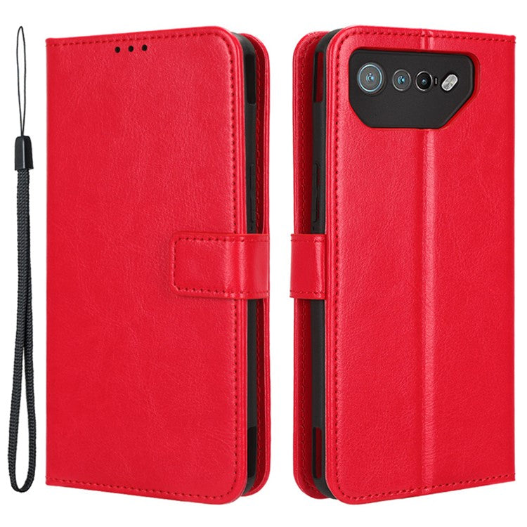 Stand Case for Asus ROG Phone 7 5G Scratch Proof Crazy Horse Texture Wallet PU Leather Phone Cover - Red
