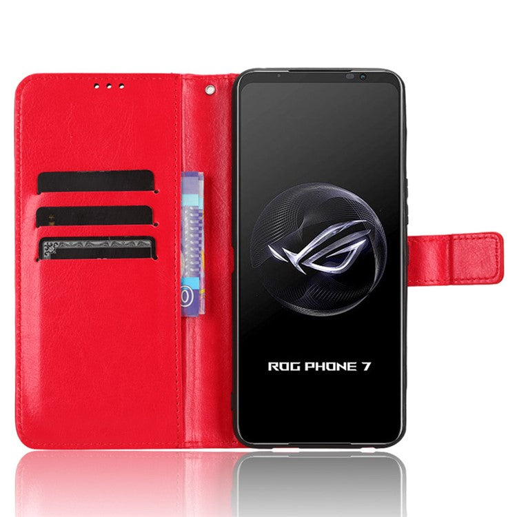 Stand Case for Asus ROG Phone 7 5G Scratch Proof Crazy Horse Texture Wallet PU Leather Phone Cover - Red