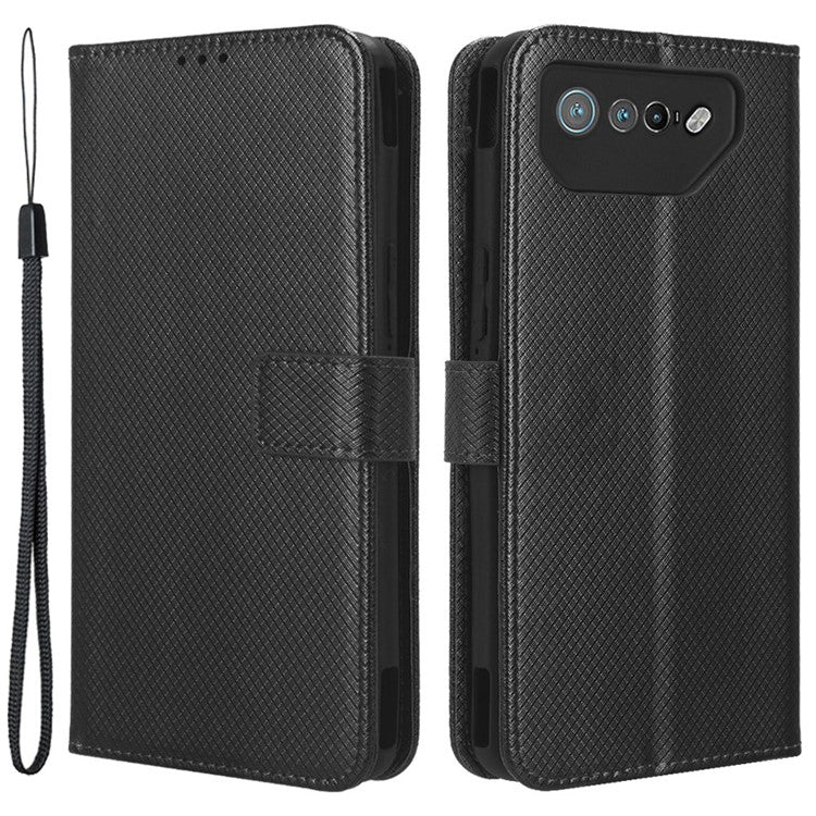 Phone Cover for Asus ROG Phone 7 5G Diamond Texture Phone Case PU Leather Stand Wallet Shell - Black