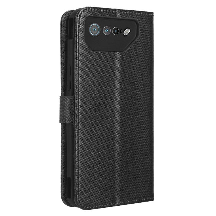 Phone Cover for Asus ROG Phone 7 5G Diamond Texture Phone Case PU Leather Stand Wallet Shell - Black
