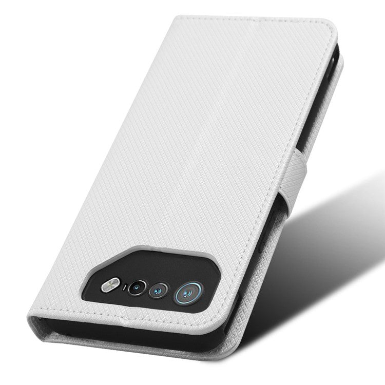 Phone Cover for Asus ROG Phone 7 5G Diamond Texture Phone Case PU Leather Stand Wallet Shell - White
