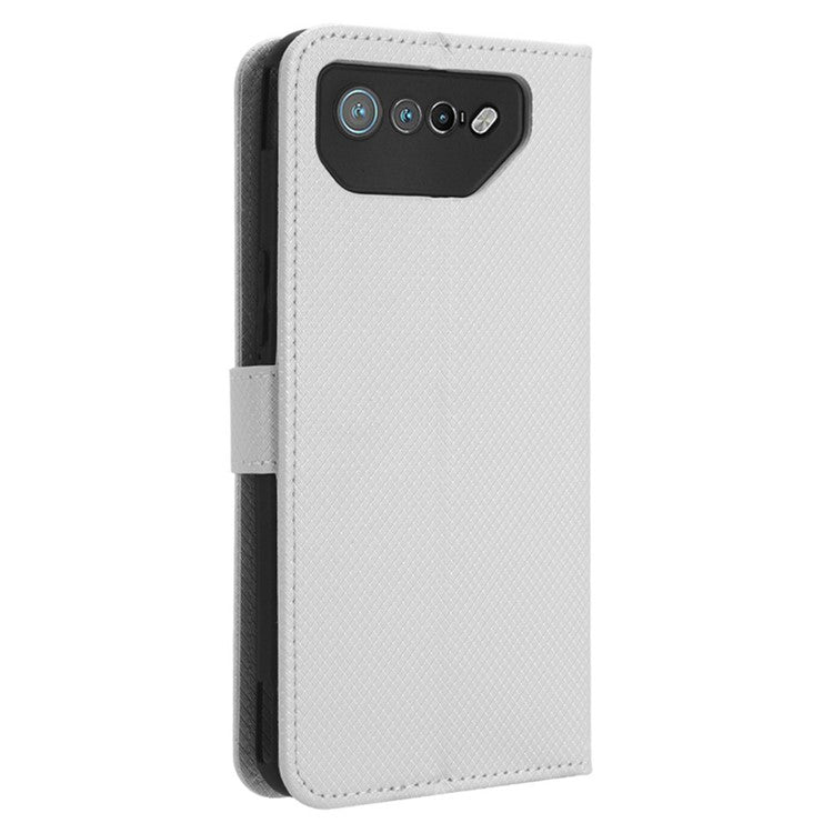 Phone Cover for Asus ROG Phone 7 5G Diamond Texture Phone Case PU Leather Stand Wallet Shell - White