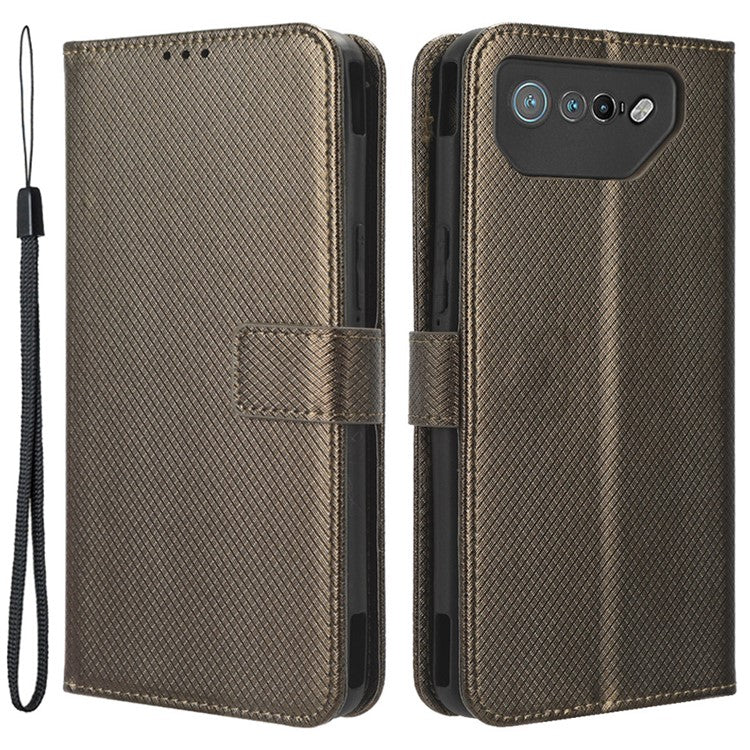 Phone Cover for Asus ROG Phone 7 5G Diamond Texture Phone Case PU Leather Stand Wallet Shell - Brown