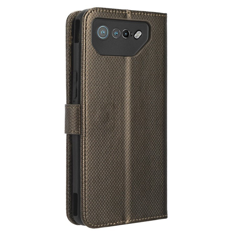 Phone Cover for Asus ROG Phone 7 5G Diamond Texture Phone Case PU Leather Stand Wallet Shell - Brown