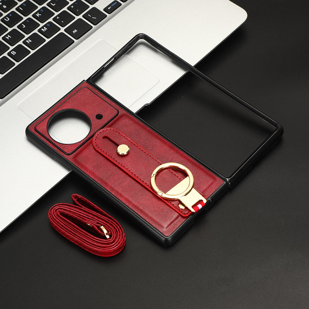 Wristband Phone Cover for vivo X Fold , Leather Coating PC+TPU Case with Neck Strap - Red
