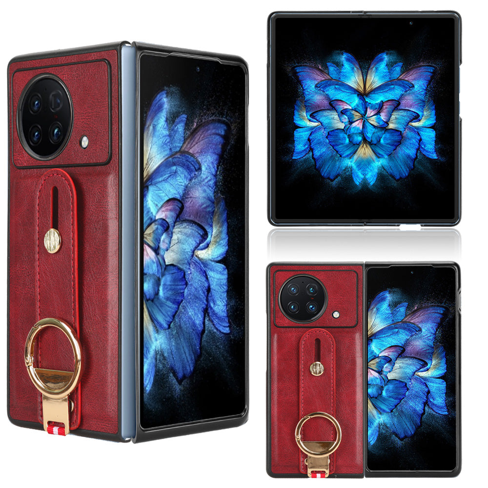 Wristband Phone Cover for vivo X Fold , Leather Coating PC+TPU Case with Neck Strap - Red