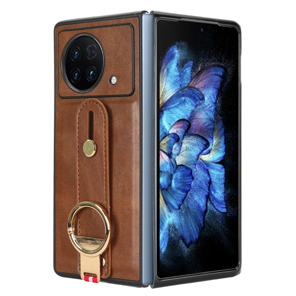 Wristband Phone Cover for vivo X Fold , Leather Coating PC+TPU Case with Neck Strap - Brown