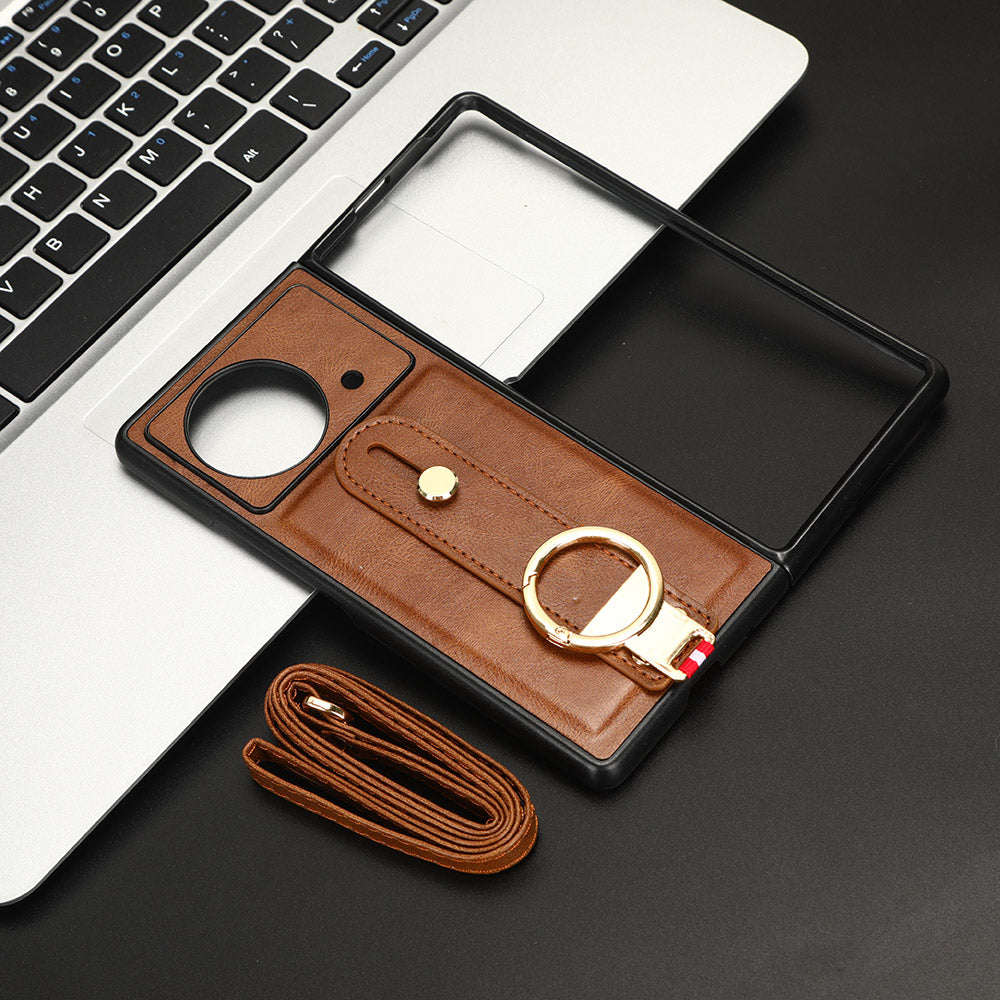 Wristband Phone Cover for vivo X Fold , Leather Coating PC+TPU Case with Neck Strap - Brown