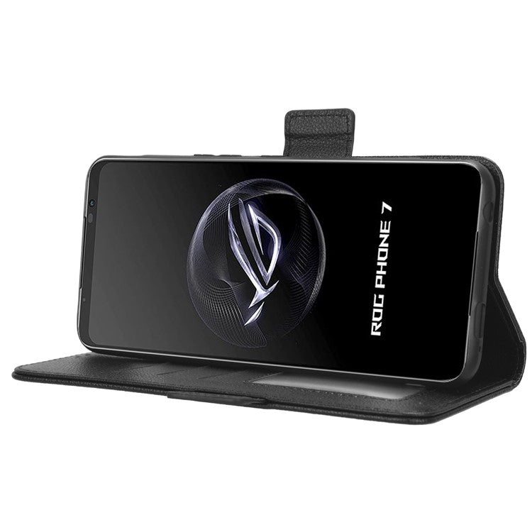 For Asus ROG Phone 7 5G Flip Stand Phone Shell PU Leather Wallet Anti-drop Case Litchi Texture Phone Cover - Black