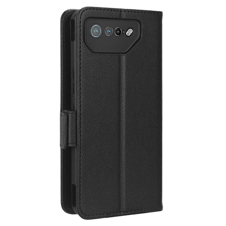 For Asus ROG Phone 7 5G Flip Stand Phone Shell PU Leather Wallet Anti-drop Case Litchi Texture Phone Cover - Black