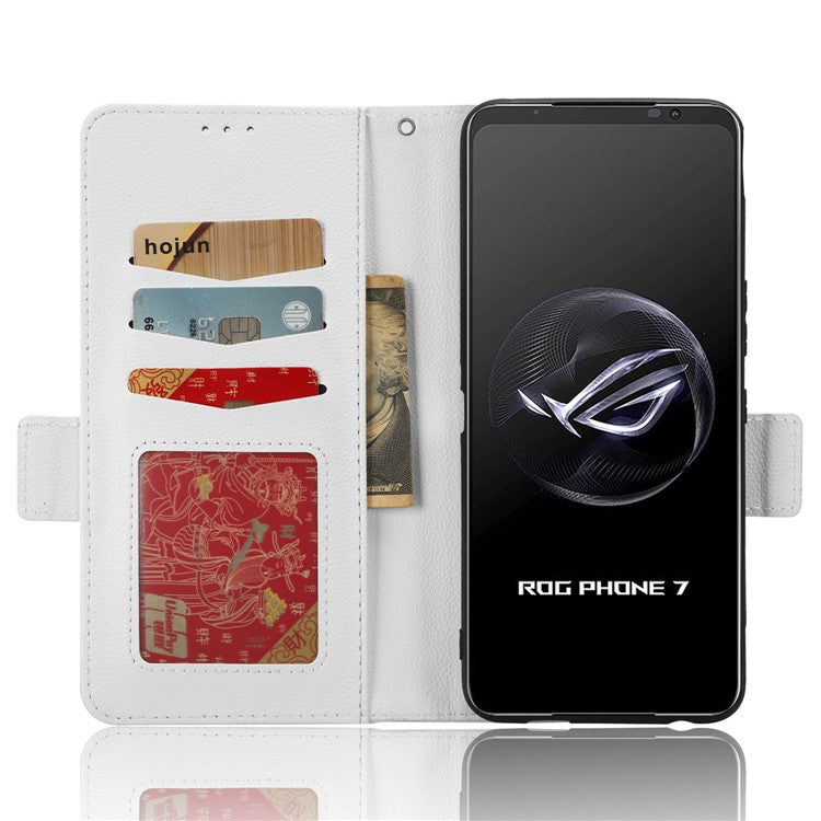 For Asus ROG Phone 7 5G Flip Stand Phone Shell PU Leather Wallet Anti-drop Case Litchi Texture Phone Cover - White