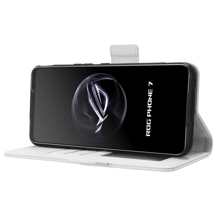 For Asus ROG Phone 7 5G Flip Stand Phone Shell PU Leather Wallet Anti-drop Case Litchi Texture Phone Cover - White