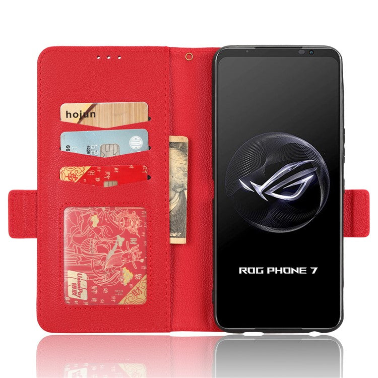 For Asus ROG Phone 7 5G Flip Stand Phone Shell PU Leather Wallet Anti-drop Case Litchi Texture Phone Cover - Red