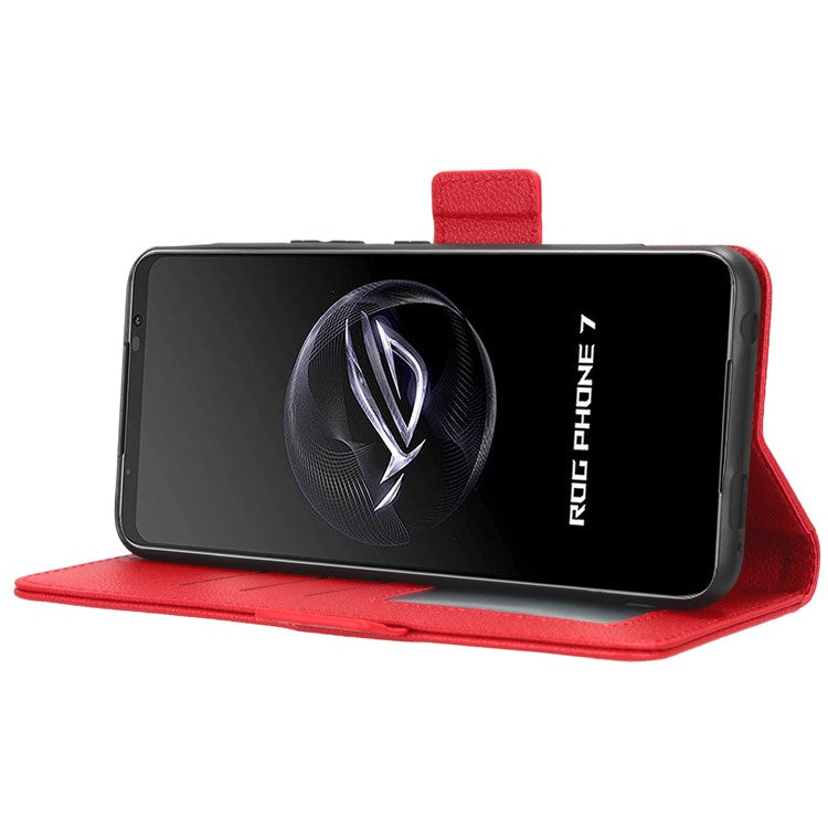 For Asus ROG Phone 7 5G Flip Stand Phone Shell PU Leather Wallet Anti-drop Case Litchi Texture Phone Cover - Red