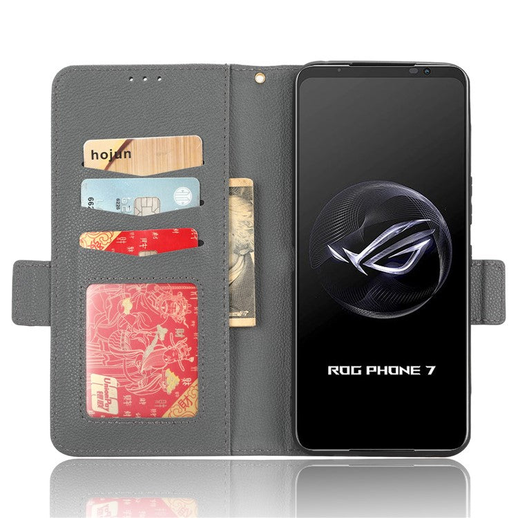 For Asus ROG Phone 7 5G Flip Stand Phone Shell PU Leather Wallet Anti-drop Case Litchi Texture Phone Cover - Grey