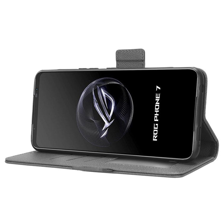For Asus ROG Phone 7 5G Flip Stand Phone Shell PU Leather Wallet Anti-drop Case Litchi Texture Phone Cover - Grey