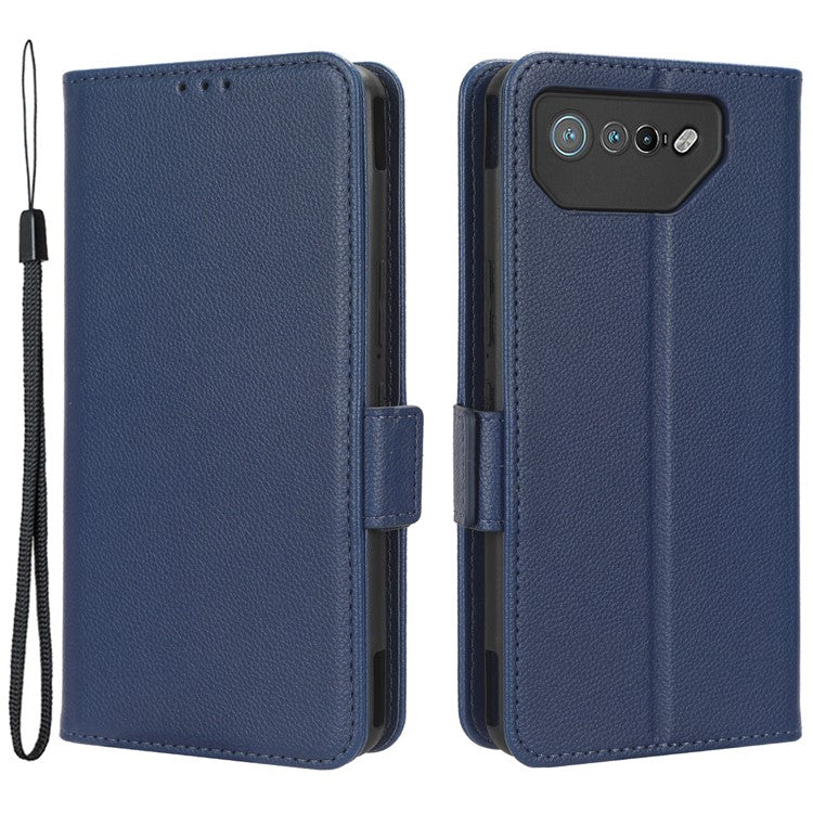 For Asus ROG Phone 7 5G Flip Stand Phone Shell PU Leather Wallet Anti-drop Case Litchi Texture Phone Cover - Dark Blue