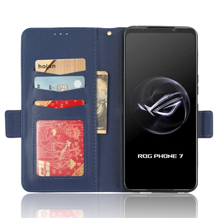 For Asus ROG Phone 7 5G Flip Stand Phone Shell PU Leather Wallet Anti-drop Case Litchi Texture Phone Cover - Dark Blue