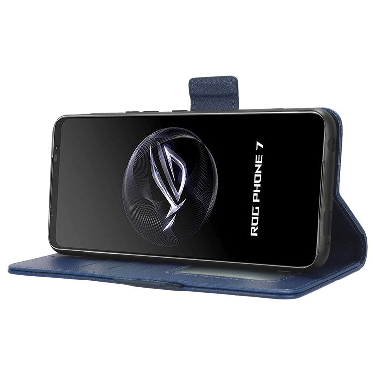 For Asus ROG Phone 7 5G Flip Stand Phone Shell PU Leather Wallet Anti-drop Case Litchi Texture Phone Cover - Dark Blue