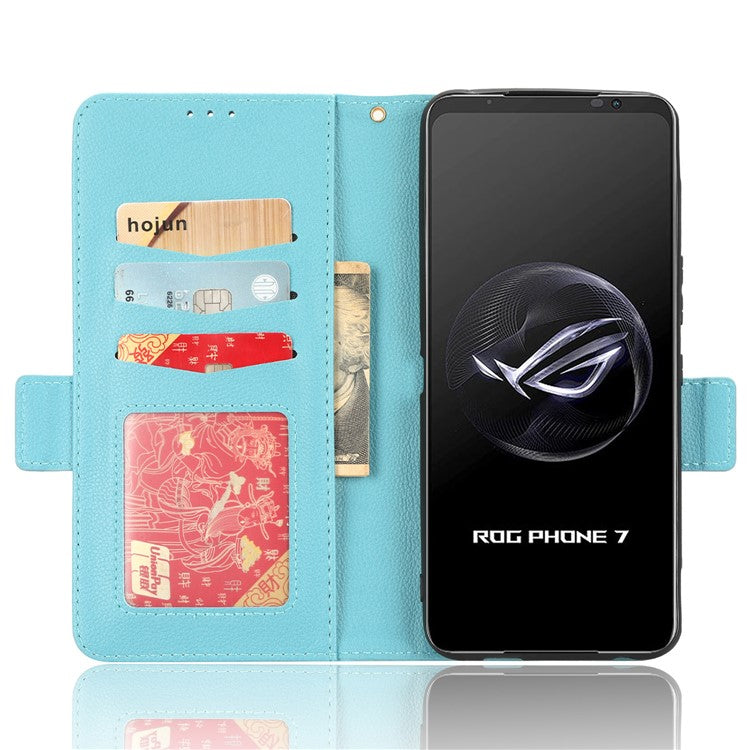 For Asus ROG Phone 7 5G Flip Stand Phone Shell PU Leather Wallet Anti-drop Case Litchi Texture Phone Cover - Baby Blue