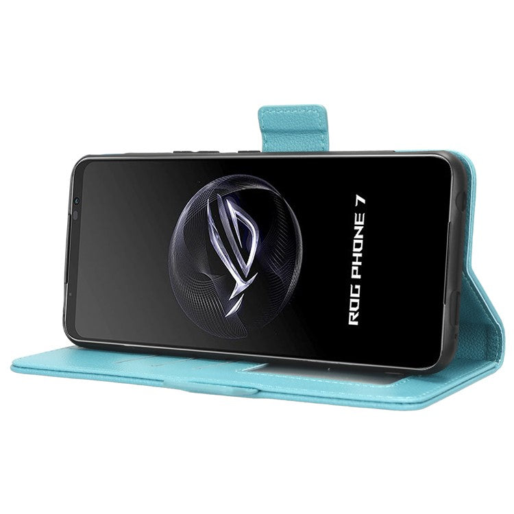 For Asus ROG Phone 7 5G Flip Stand Phone Shell PU Leather Wallet Anti-drop Case Litchi Texture Phone Cover - Baby Blue