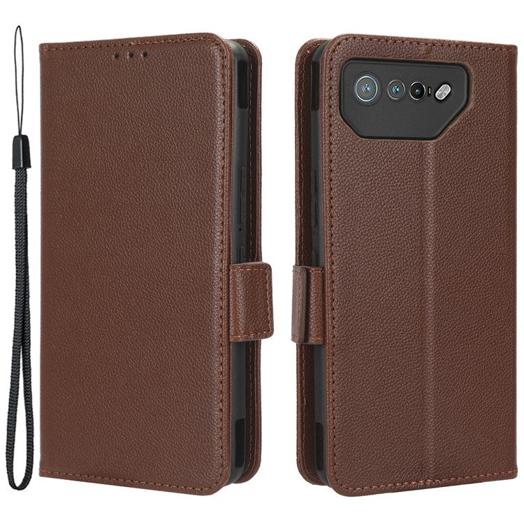For Asus ROG Phone 7 5G Flip Stand Phone Shell PU Leather Wallet Anti-drop Case Litchi Texture Phone Cover - Brown