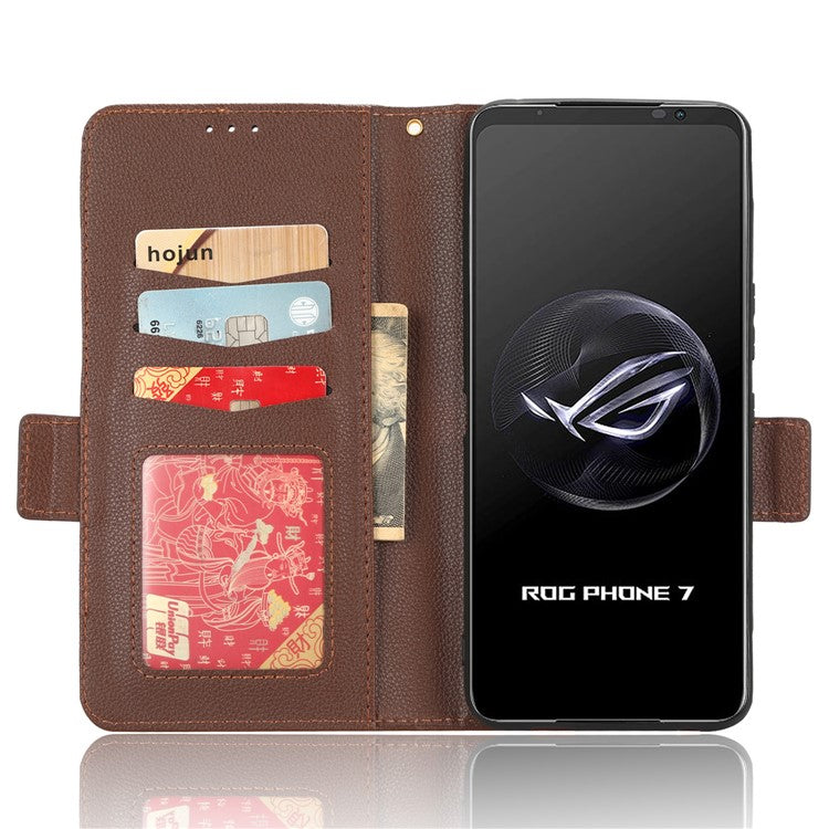 For Asus ROG Phone 7 5G Flip Stand Phone Shell PU Leather Wallet Anti-drop Case Litchi Texture Phone Cover - Brown