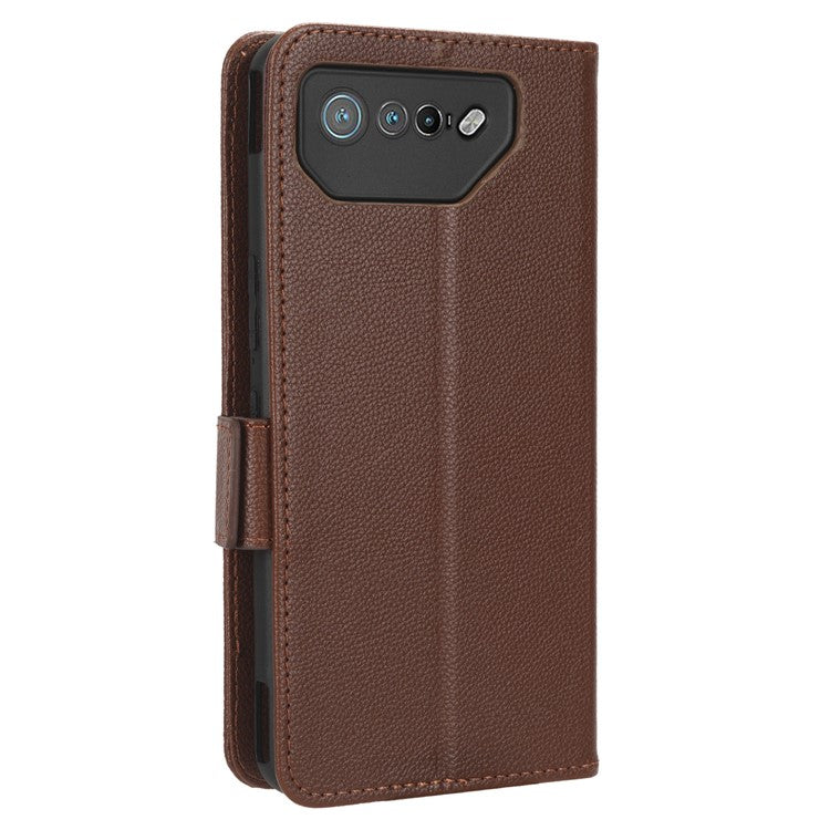 For Asus ROG Phone 7 5G Flip Stand Phone Shell PU Leather Wallet Anti-drop Case Litchi Texture Phone Cover - Brown