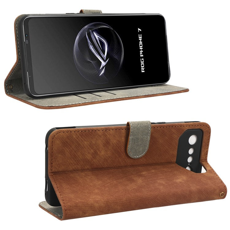 For Asus ROG Phone 7 5G Phone Wallet Case RFID Blocking Stand Phone Cover with Strap - Brown