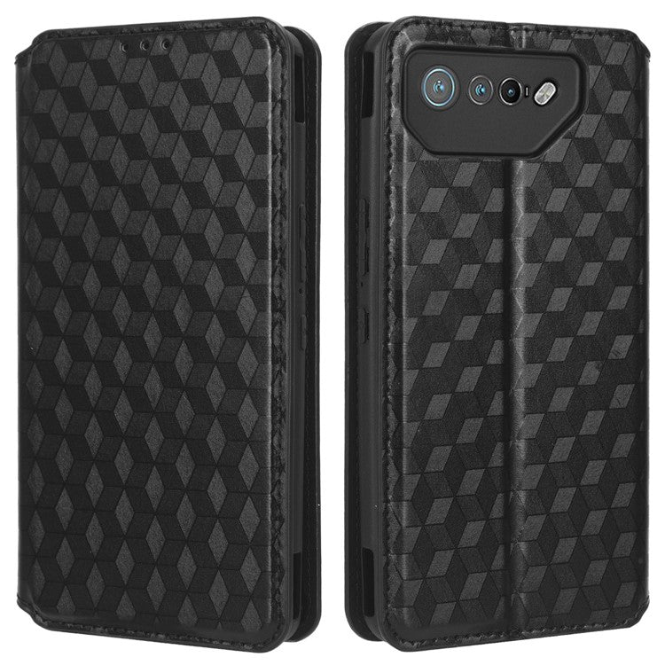 For Asus ROG Phone 7 5G Cell Phone Case Imprinted Rhombus PU Leather Wallet Stand Flip Cover - Black