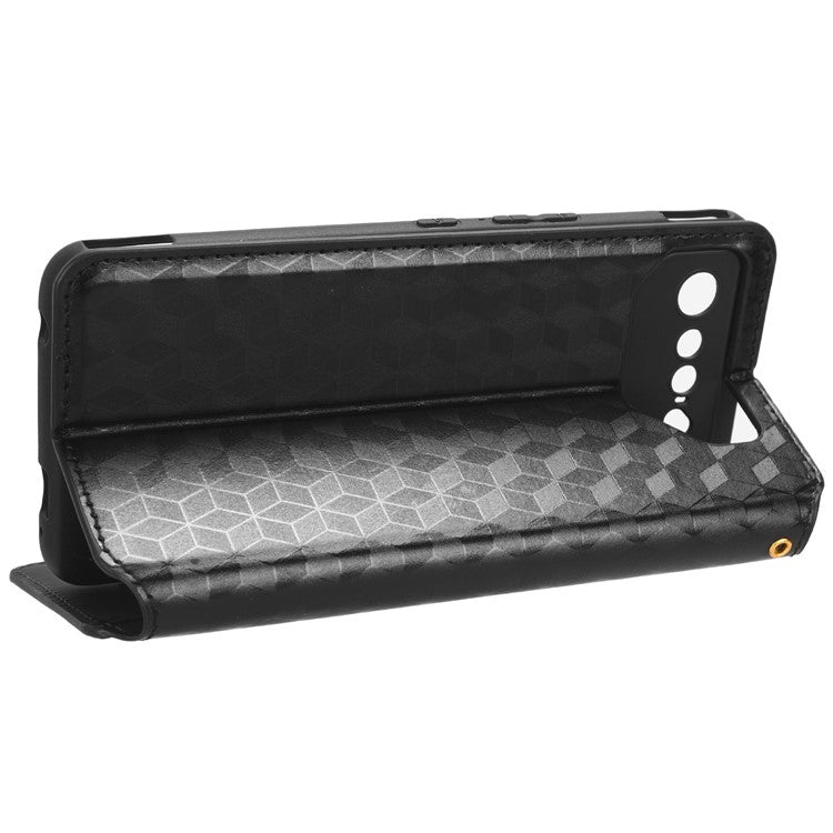 For Asus ROG Phone 7 5G Cell Phone Case Imprinted Rhombus PU Leather Wallet Stand Flip Cover - Black