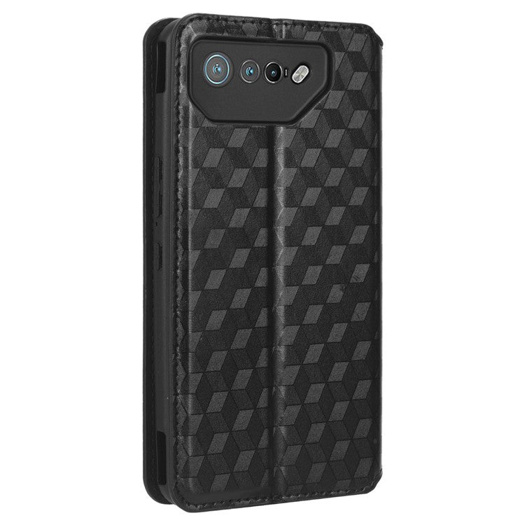 For Asus ROG Phone 7 5G Cell Phone Case Imprinted Rhombus PU Leather Wallet Stand Flip Cover - Black