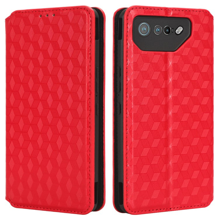 For Asus ROG Phone 7 5G Cell Phone Case Imprinted Rhombus PU Leather Wallet Stand Flip Cover - Red
