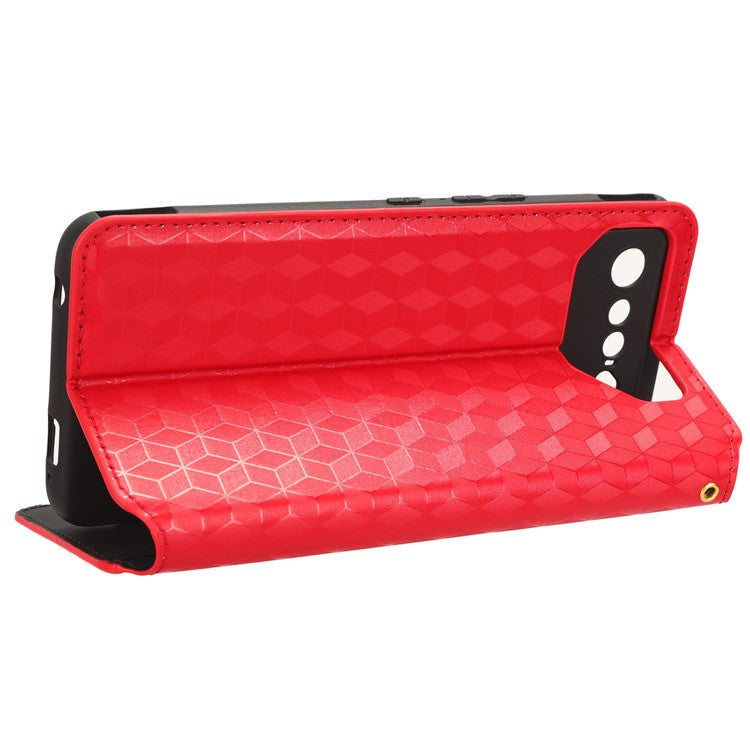 For Asus ROG Phone 7 5G Cell Phone Case Imprinted Rhombus PU Leather Wallet Stand Flip Cover - Red