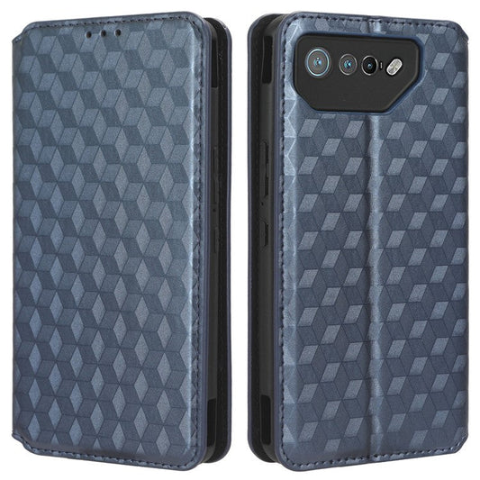 For Asus ROG Phone 7 5G Cell Phone Case Imprinted Rhombus PU Leather Wallet Stand Flip Cover - Blue