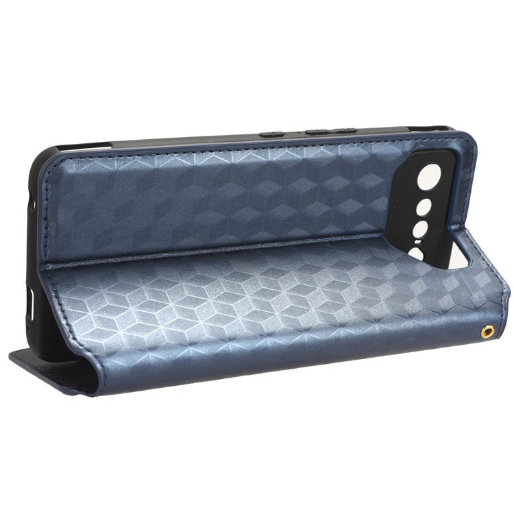For Asus ROG Phone 7 5G Cell Phone Case Imprinted Rhombus PU Leather Wallet Stand Flip Cover - Blue