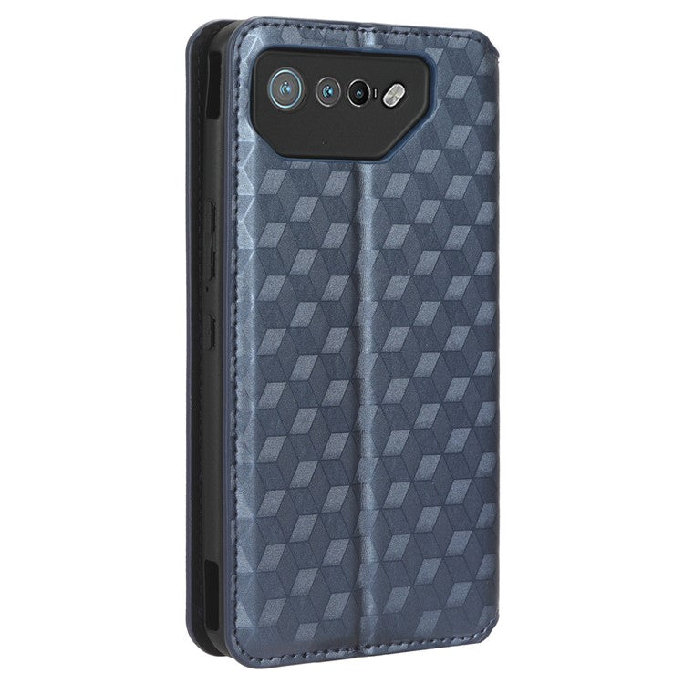 For Asus ROG Phone 7 5G Cell Phone Case Imprinted Rhombus PU Leather Wallet Stand Flip Cover - Blue