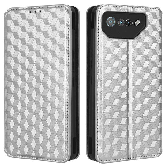 For Asus ROG Phone 7 5G Cell Phone Case Imprinted Rhombus PU Leather Wallet Stand Flip Cover - Silver