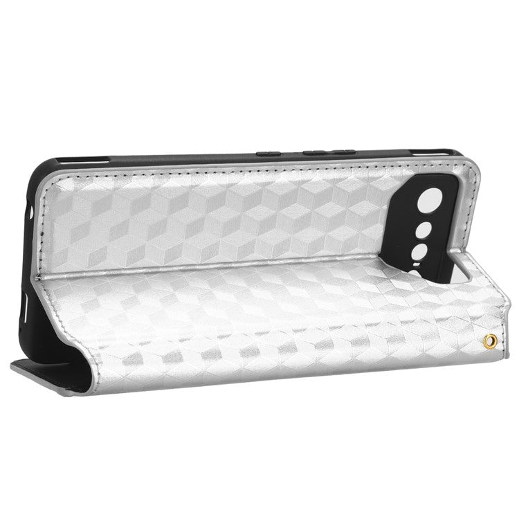 For Asus ROG Phone 7 5G Cell Phone Case Imprinted Rhombus PU Leather Wallet Stand Flip Cover - Silver