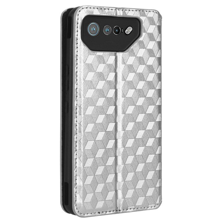 For Asus ROG Phone 7 5G Cell Phone Case Imprinted Rhombus PU Leather Wallet Stand Flip Cover - Silver