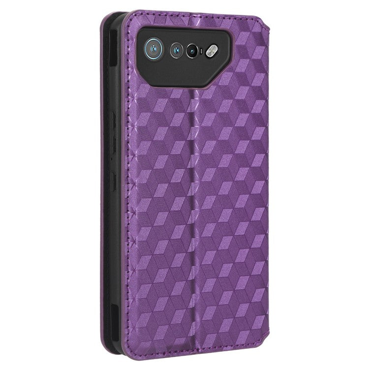 For Asus ROG Phone 7 5G Cell Phone Case Imprinted Rhombus PU Leather Wallet Stand Flip Cover - Purple