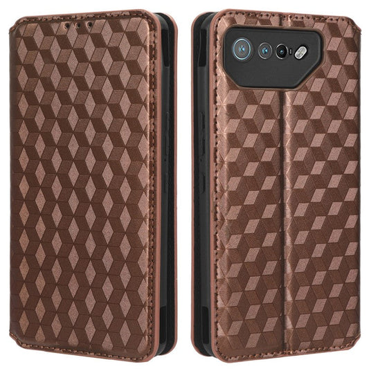 For Asus ROG Phone 7 5G Cell Phone Case Imprinted Rhombus PU Leather Wallet Stand Flip Cover - Brown