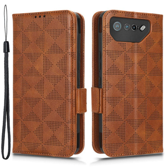 For Asus ROG Phone 7 5G Cell Phone Wallet Case PU Leather Imprinted Triangle Stand Cover - Brown