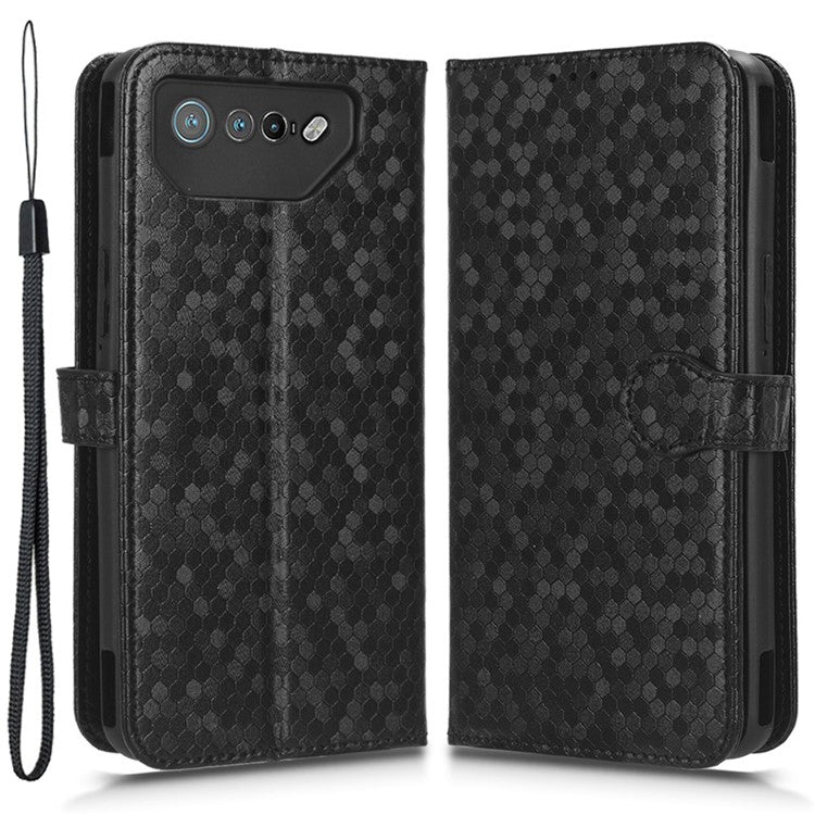 For Asus ROG Phone 7 5G Mobile Phone Wallet Case PU Leather Stand Dot Pattern Imprinted Phone Cover - Black